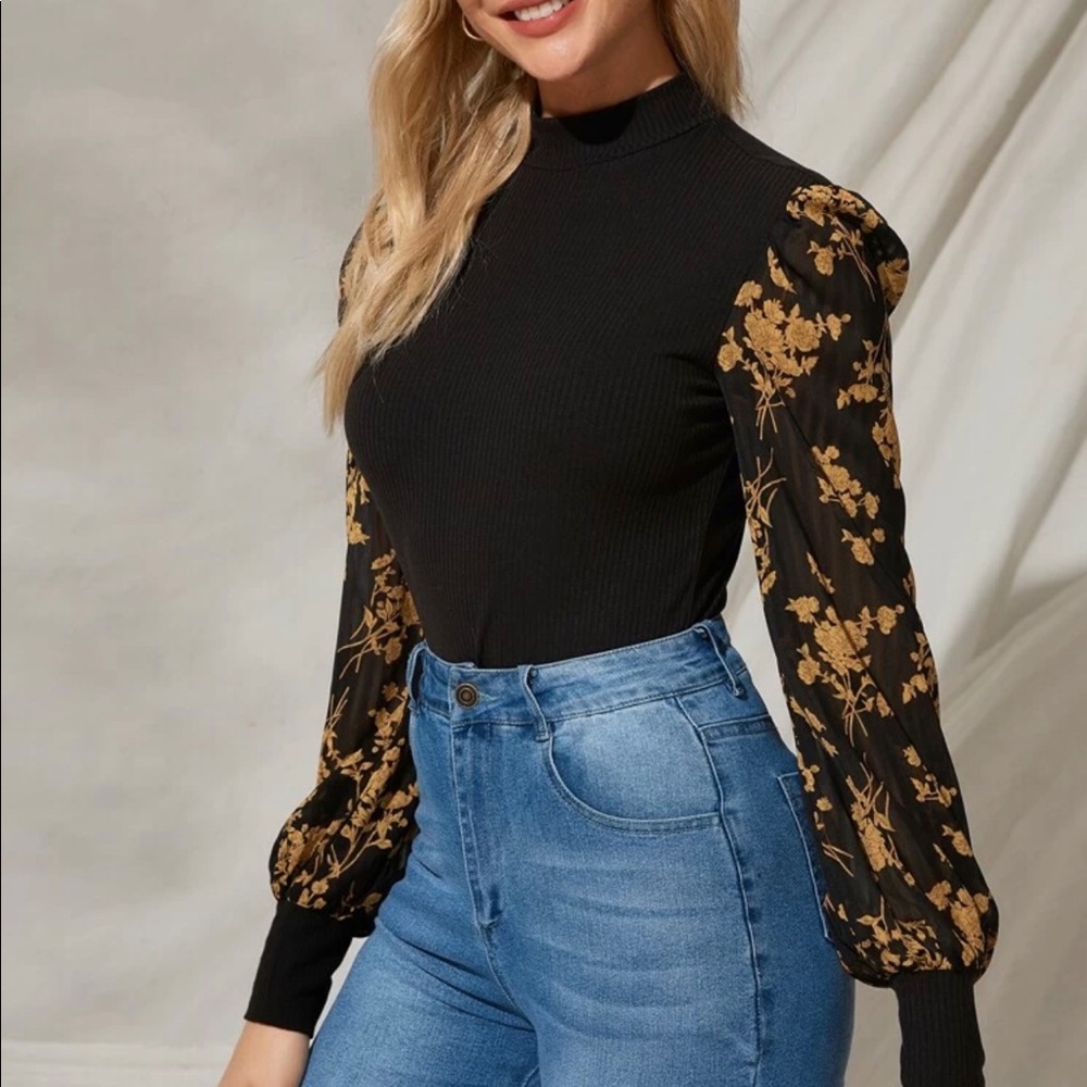 SHEIN Floral Print Rib Knit Top